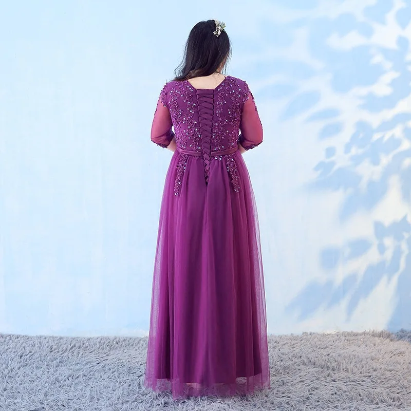 YULUOSHA 2020 New V-neck Large Size Purple Chiffon Long Sleeve Slim Beading Vintage Evening Dress Vestidos De Fiesta Noche | Свадьбы и