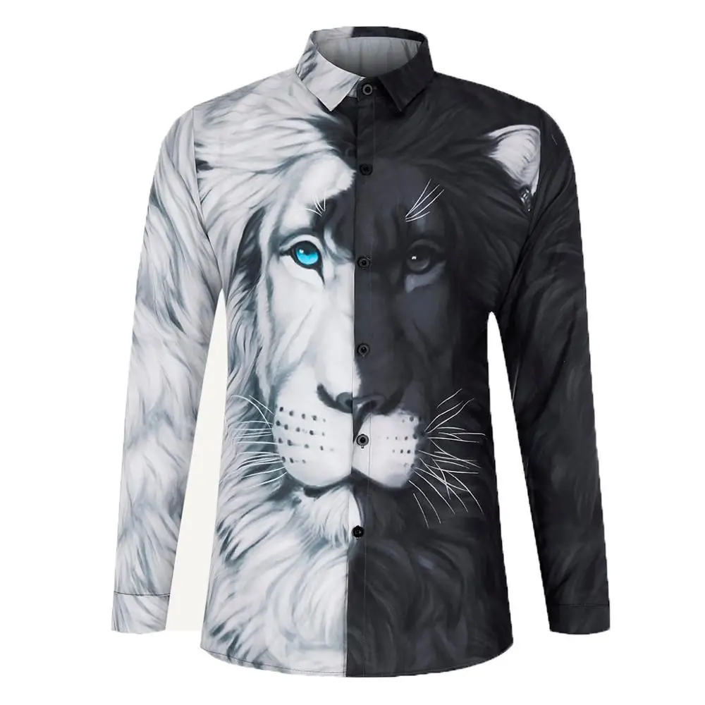 2020 New Men Women Fashion Lion Printed Long Sleeve Shirts Novelty Print Shirt Top Blouse Streetwear Camisa Hombre Casual Shits | Мужская