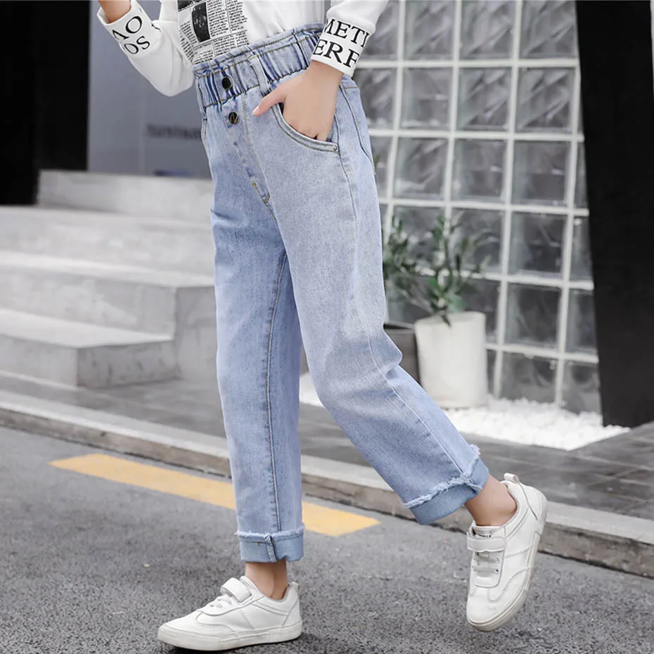 Джинсы для девочек однотонные джинсы повседневные стильные детские подростков