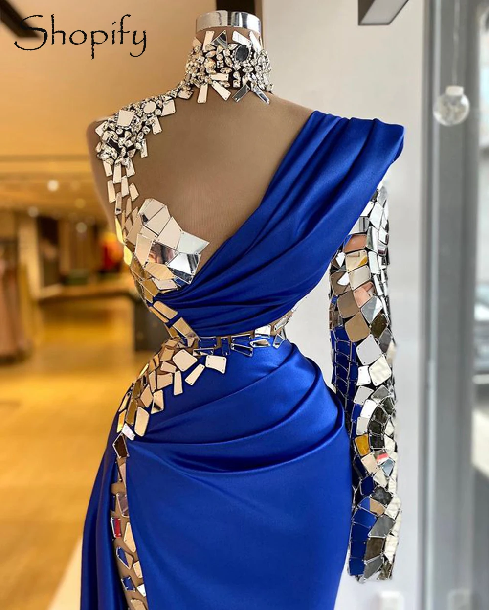 

Sheer High Neck Long Sleeve Bling Bling Crystals Royal Blue Satin African Women Formal Long Evening Dresses 2021 With High Slit