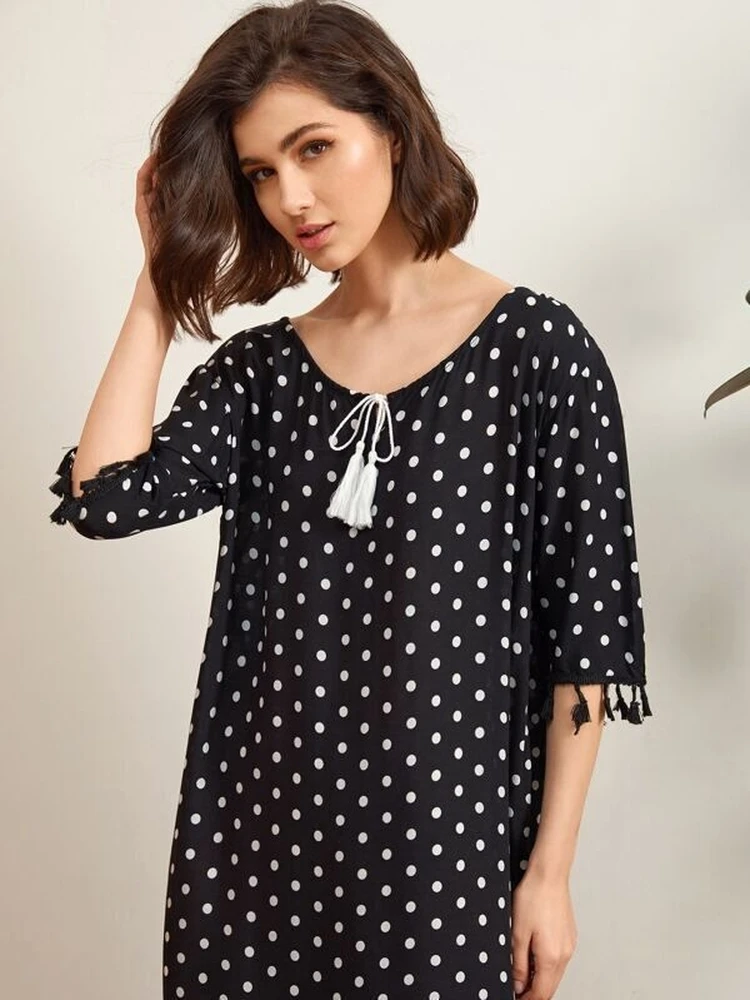 

Real Shot Cotton Autumn Winter Style Simple Wave Dot Girlfriend Nightdress Pyjamas Suit Ladies Home Service Sleepwear Nightwear