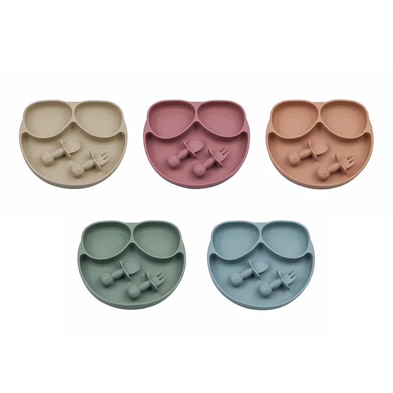 

Baby Silicone Tableware Baby Feeding Plate Set Waterproof Kids Non-slip Suction Silicone Dishes Bowl Spoon Fork Bib