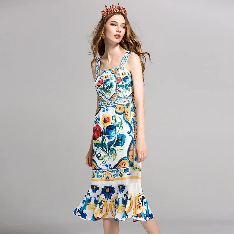 

High Quality New Women's Summer Sleeveless Round Neck Sling Sicilian Print Fishtail Slim Dress