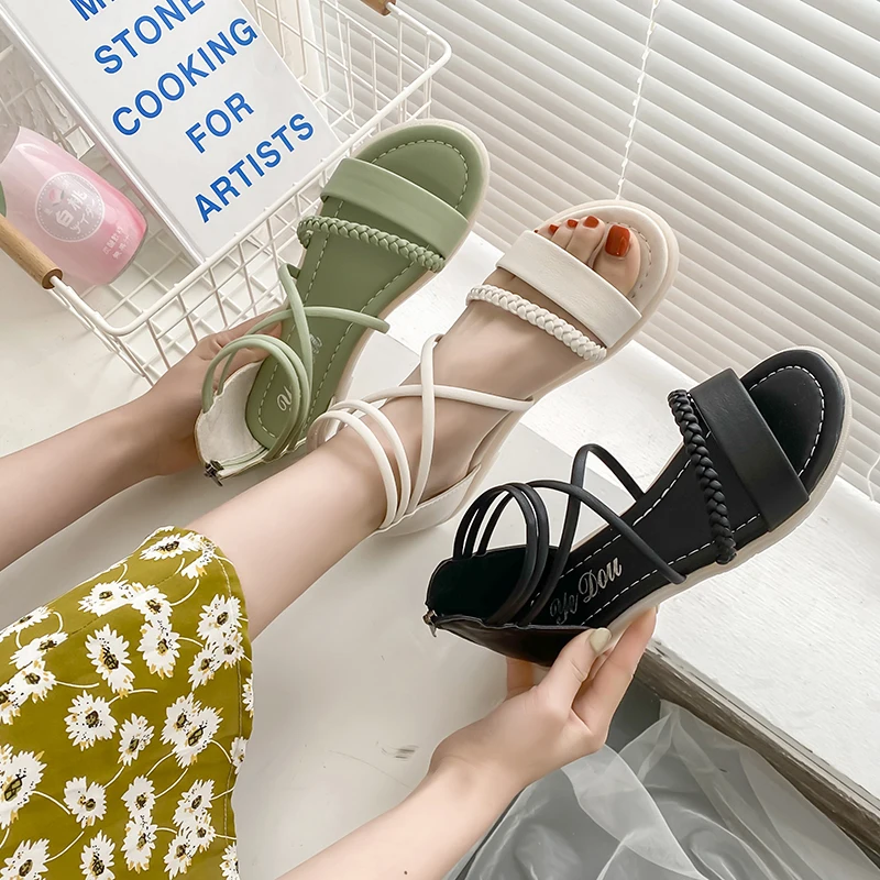 

Low Sandals Woman Leather Clear Heels 2021 Summer All-Match Female Shoe Low-heeled Gladiator Girls Comfort Beige Fashion New Bac