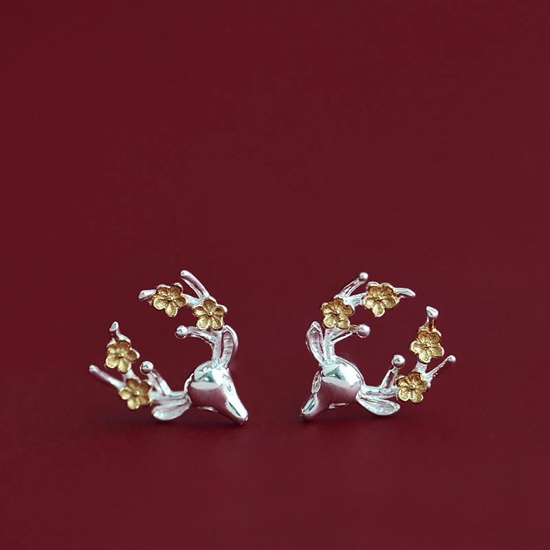 

S925 Sterling Silver Christmas Stud Earrings for Women Elk Antler Animal Earrings 2021 Trend