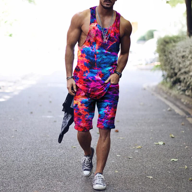 

Men's Suit Gym Fitness Clothes Quick-Drying Leisure Sports Outdoor 3D Printing Starlight Landscape Vest + Shorts 2-Piece Set