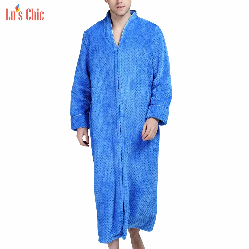 Blue Lu's шикарные мужские флисовые халаты с длинным рукавом на молнии спереди плюшевые кимоно халат ночной халат домашнее пальто - Цвет: Blue