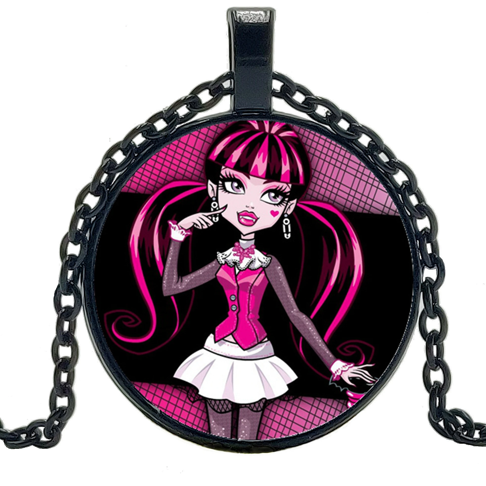 

2019 Handmade Cartoon Glamour Fashion Girl Long Necklace Glass Convex Round Pendant Necklace Fashion Sweater Chain Jewelry Gift