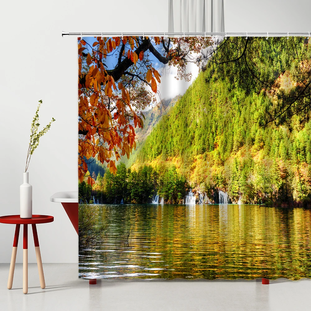 

Mountain Water Scenery Shower Curtain Arch Bridge Tree Green Plant Waterproof Bathroom Decor Set Natural Landscape Bath Curtains