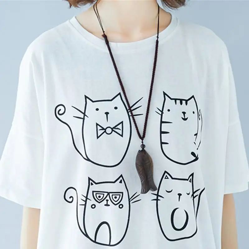 2020 летняя Корейская Хлопковая женская футболка с рисунком кошки милая белая