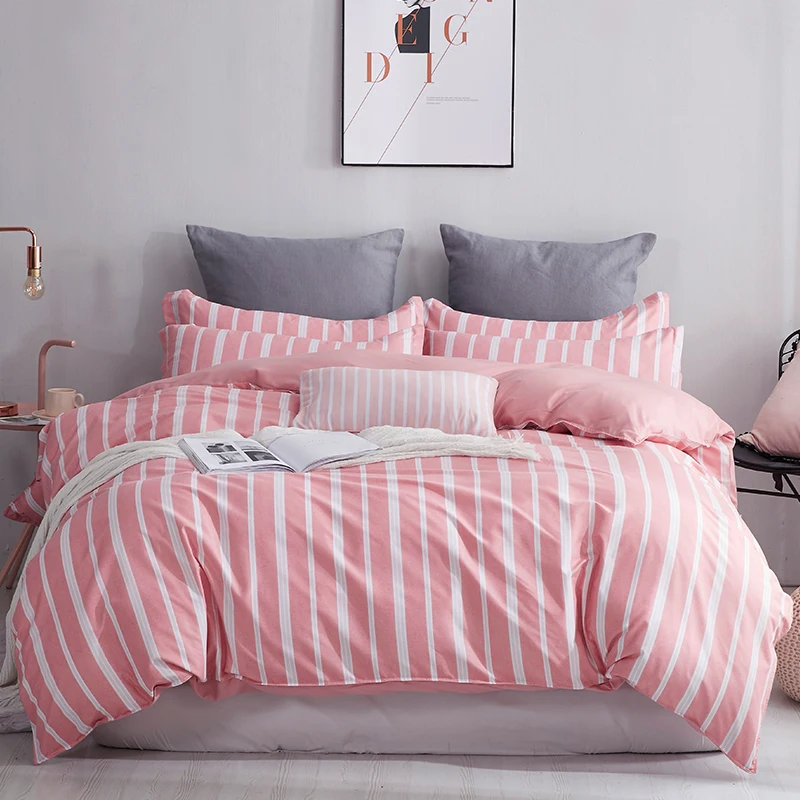 

simple cute pink stripes bedding sets linens Twin/Single/Double/Queen Size duvet cover+bedsheet+pillowcases girls bedclothes