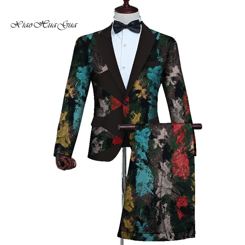 2 Pieces Blazer and Pants Set Mens African Clothing Ankara Clothes Bazin Riche African Wax Print Top Suits and Pants Sets WYN727