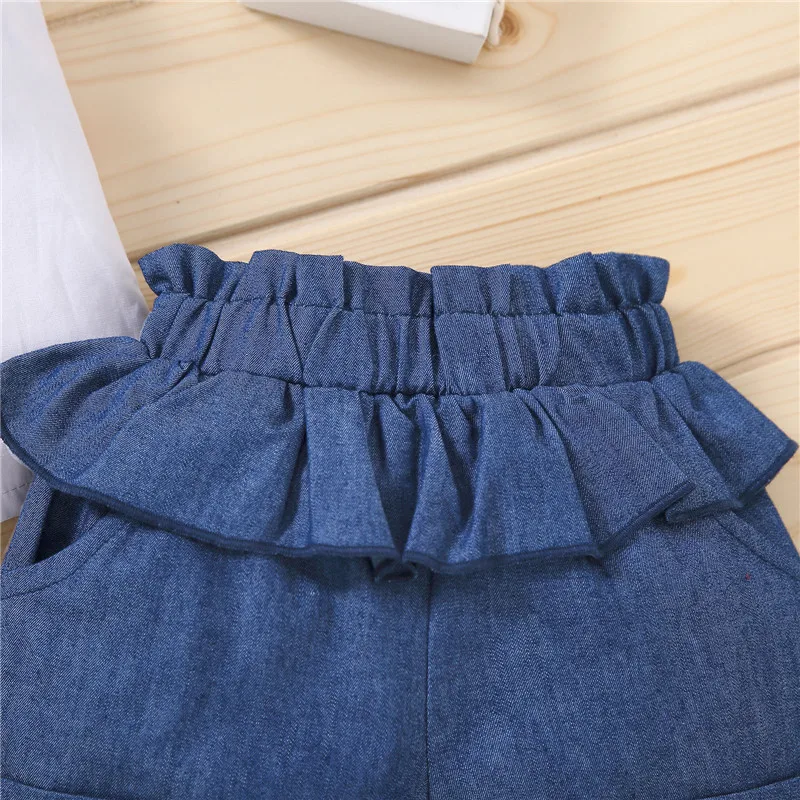 

1-6T Little Baby Girls Vest and Shorts Suit Fashion Embroidered Sleeveless Sweet Shirt and Elastic Denim Short Pants