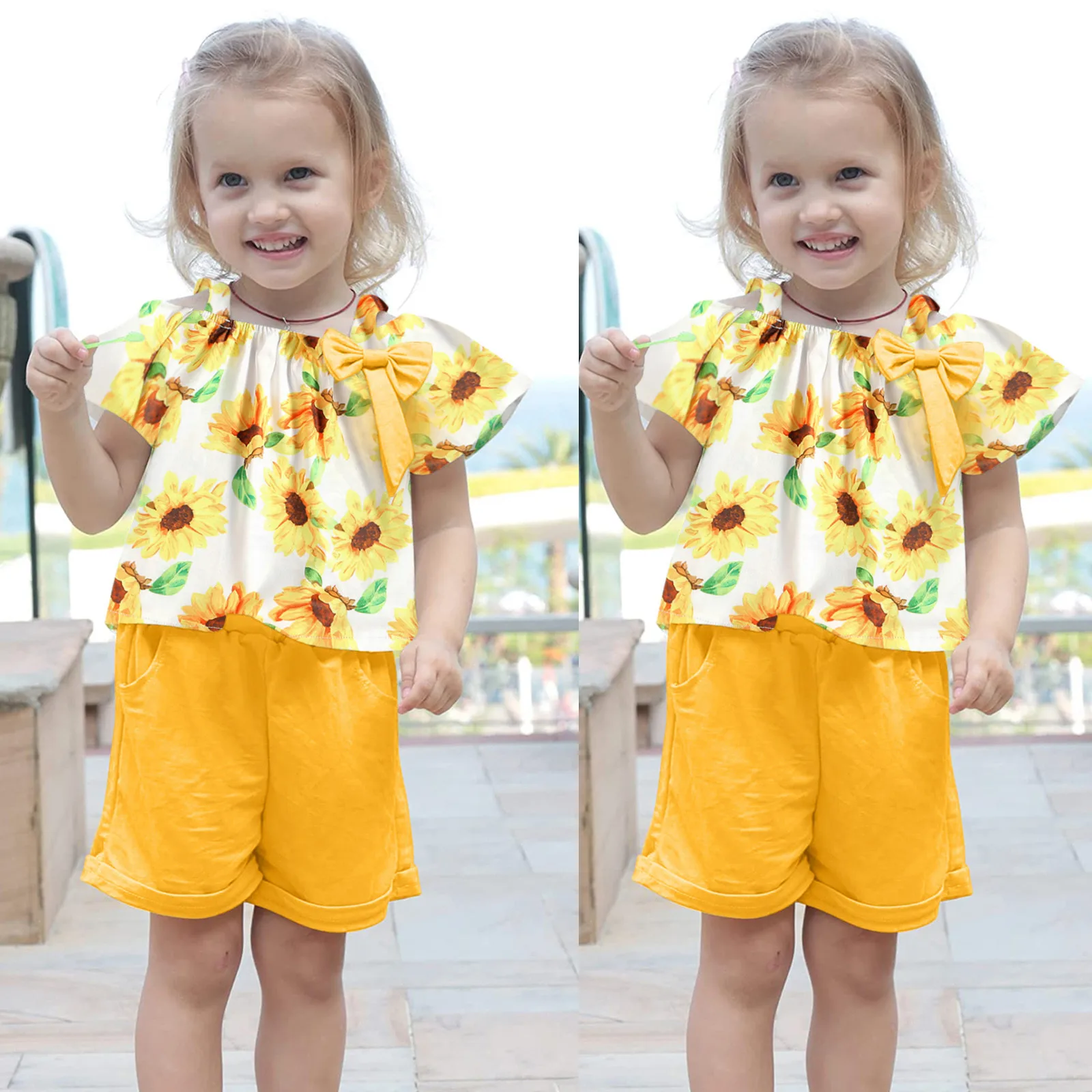 

Newborn Baby Girl Clothes Sets Toddler Kids Suspender Strap Sunflowers Floral Bow Tops+shorts Outfit Infant New Born Clothing