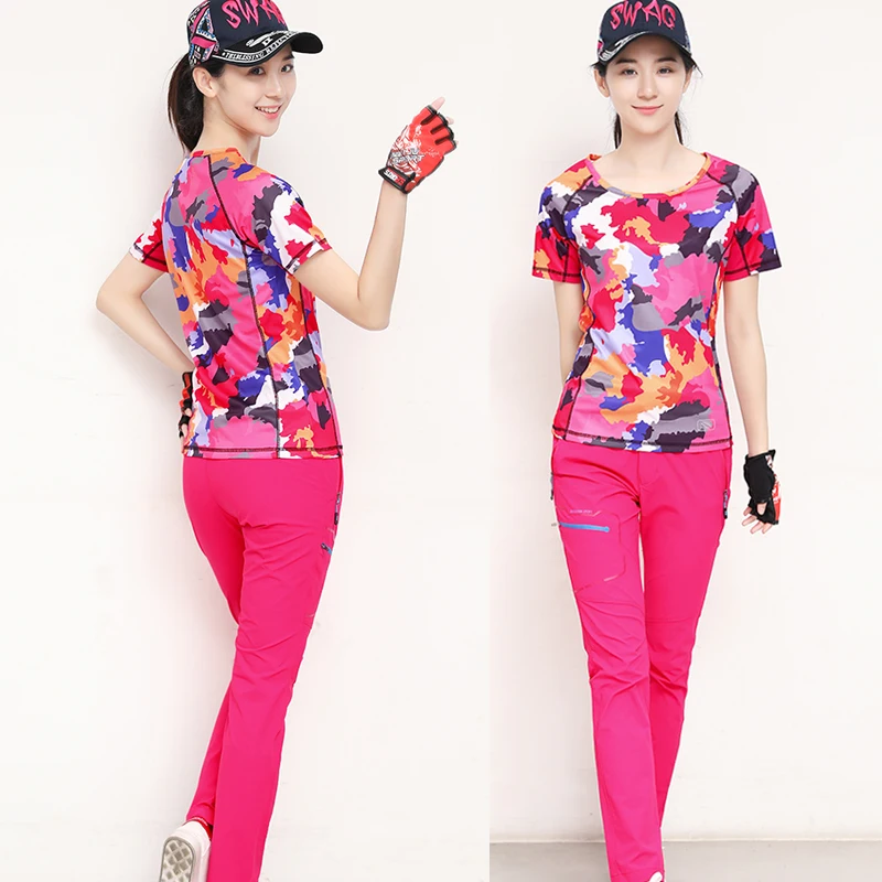 

Women Colored camouflage T shirt Long Short sleeve top Round neck Quick dry Summer Outdoor Hiking clothes Leisure travel wear XL
