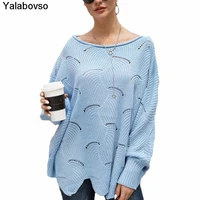 autumn and winter new loose solid color pullover knitted howllow out t shirt crew neck sweater for women batwing sleeve tops