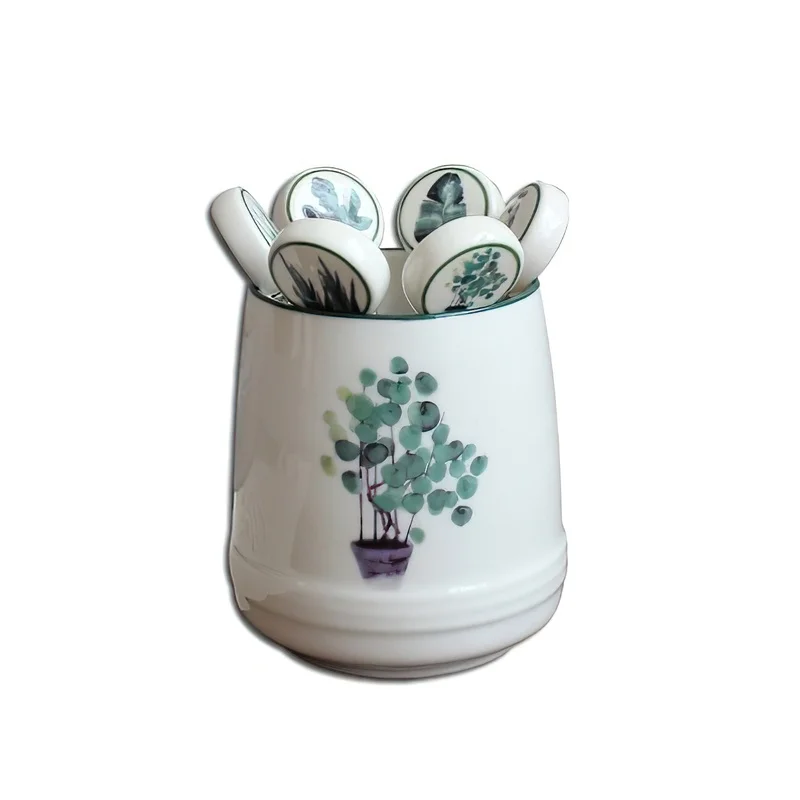 

Ceramic Stainless Steel Cutlery Set Nordic Green Plant Food Fork Fruit Dessert Cake Fork 6 Piece Set Home Kitchen Supplies
