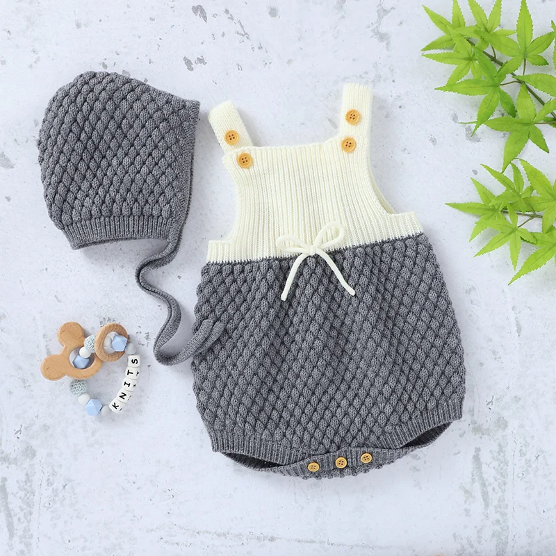 

Baby Bodysuit + Hat Knitted Toddler Infant Girls Onesies Sleeveless Newborn Children Clothing One Piece Overall 0-18M Hot Sale