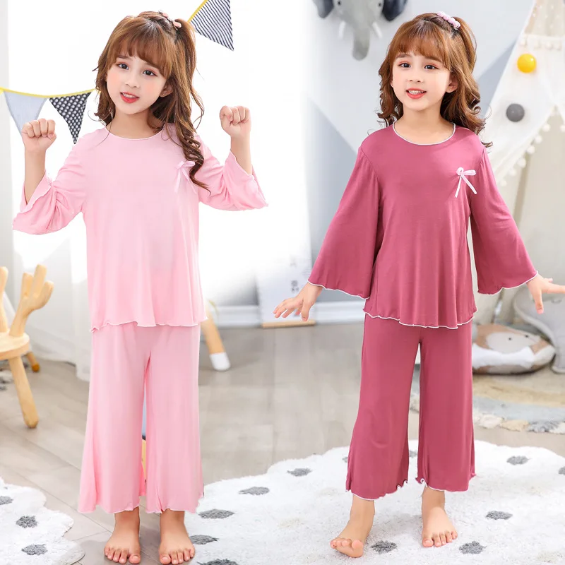 

2021 Spring Summer Kids Pajamas Girls Modal Solid PJS Sleepwear Children Lounge Set Toddler Teenagers Clothing Homewear
