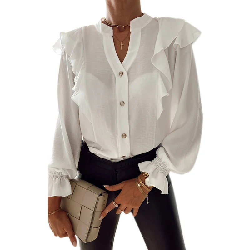 

Office Ladies White See Through Buttons Open Stitch Ruffles Tops And Blouses Women 2020 Autumn V Neck Shirts Blusas SJ6988V