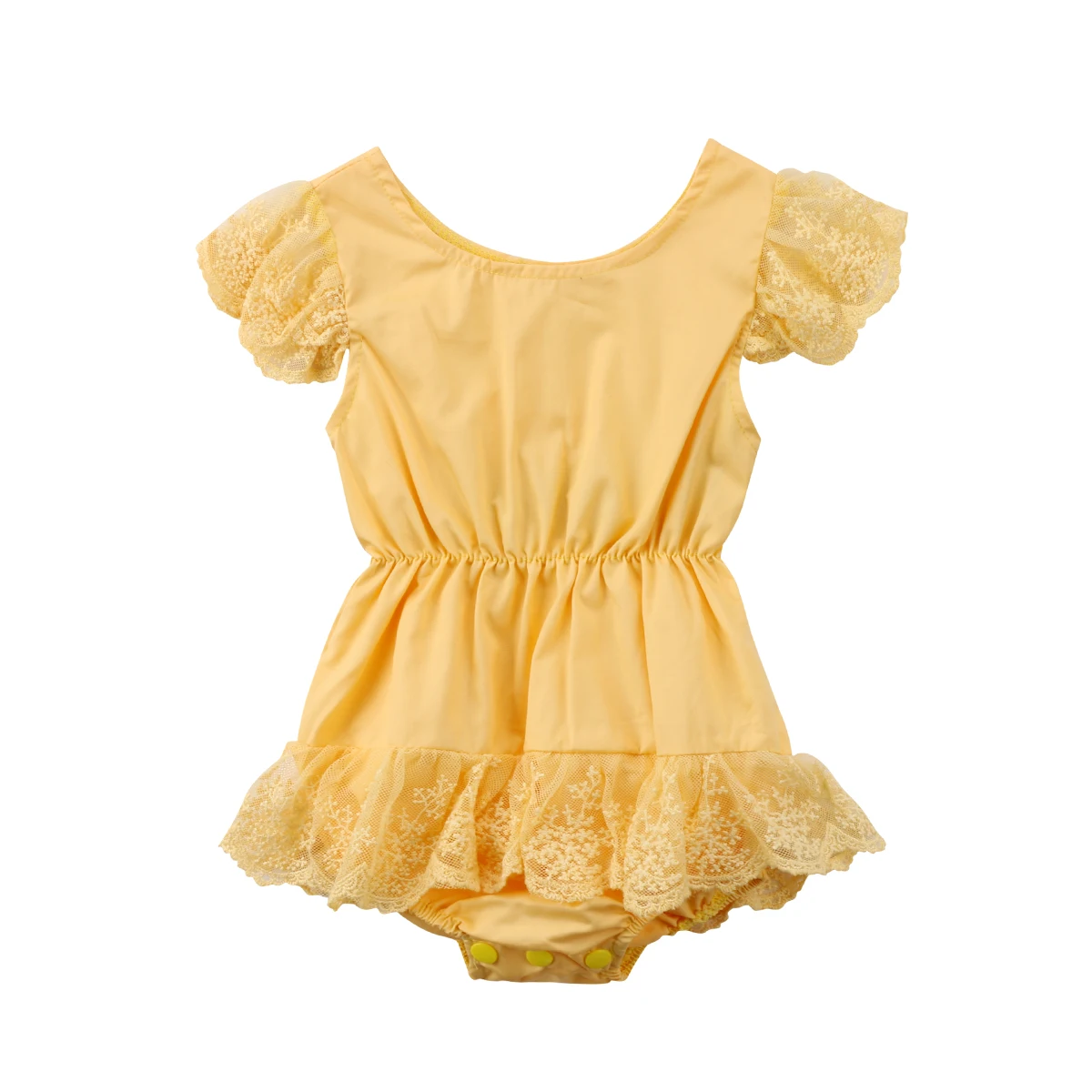 

Детское платье-комбинезон для маленьких девочек, модное однотонное кружевное комбинезон с круглым вырезом и оборками