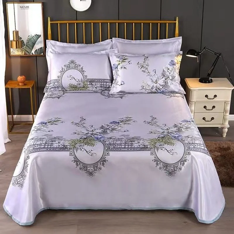 

3pcs Luxury Printing Summer Fabric Bed Sheet Pillowcases Double Bed Mat Ice Silk Mat Cool Slippery Sheets Bed Comforters