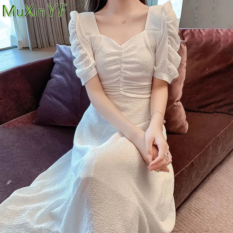 

Summer Dress Women 2021 New Chiffon Slimming V-Neck Puff Sleeve Midi Skirts Girl High-Waist Sexy Long Light White Party Dresses