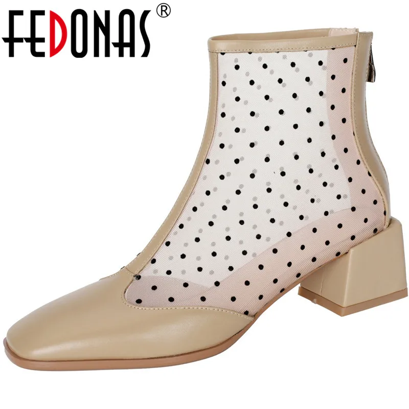 

FEDONAS Square Toe Women Summer Boots Back Zipper Genuine Leather Shoes Woman Heels 2021 Fashion Women Cool Working Boots Boots