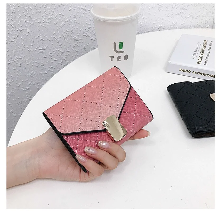 

2021 Fashion European and American Tri-fold Contrast Color Wallet Women Short Wallet Ladies Mini Wallet Lock Card Bag Coin Purse