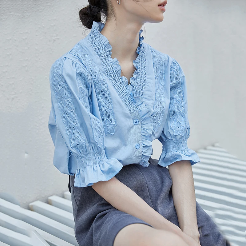 

BETHQUENOY Cotton Blouses Blusas Camisas Mujer Vintage Blue Shirts Women Summer Ladies Tops Chemise Femme New Style Woman Shirt