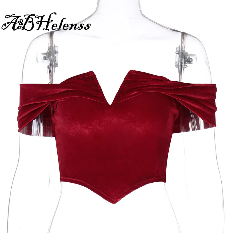 

A&BHelenss 2021 Summer Women Fashion Streetwear Outfits Tshirts Velvet Slash Neck Patchwork Sexy Crop Top