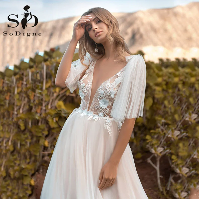 SoDigne Boho Wedding Dress Sexy Ivory Lace 3D Flower V neck Beach Bridal Dress Transparent Tulle Princess Wedding Party Gowns