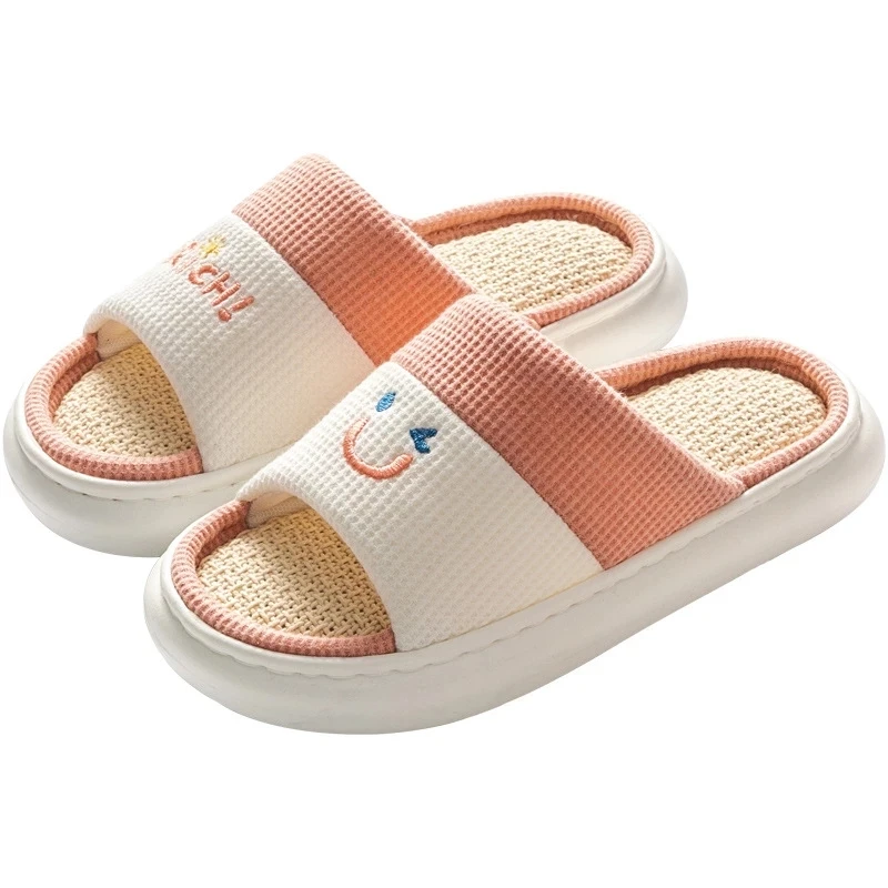2022 new summer spring slippers couples home floor slides flax eva sole open toe cute cartoon smile indoor house shoes women men free global shipping