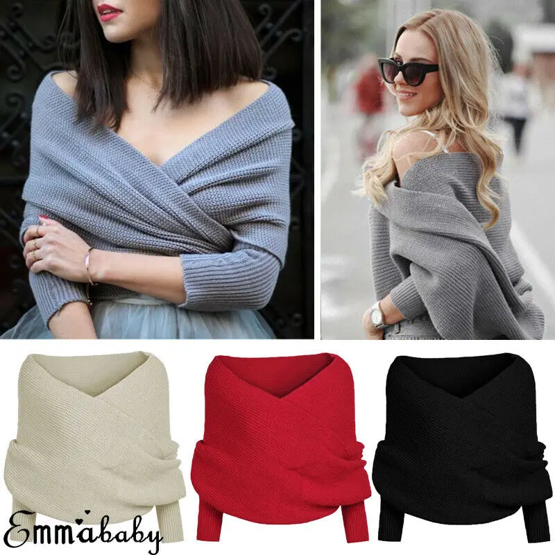 

Женский вязаный джемпер с открытыми плечами, мешковатый джемпер большого размера