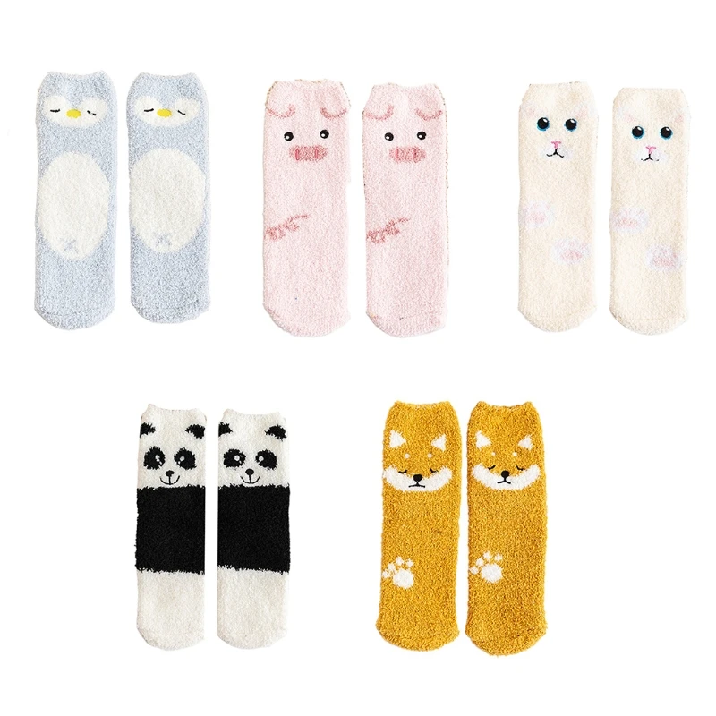 

Women Cartoon Animal Winter Fuzzy Slipper Socks Cute Panda Dog Cat Pig Penguin Pattern Thick Fluffy Coral Velvet Warm Floor