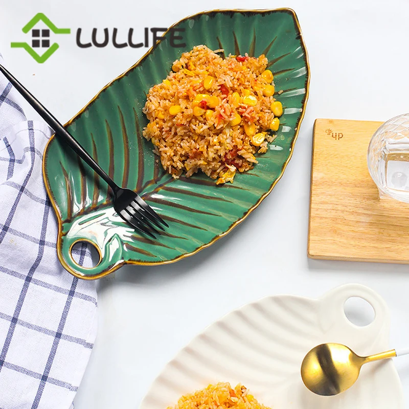 Винтажные фруктовые керамические тарелки в форме листа креативное домашнее