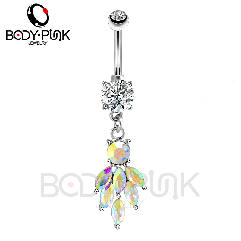 Тело панк 316L из медицинской стали для пупка пирсинг кольца на кнопках Aurora Borealis CZ