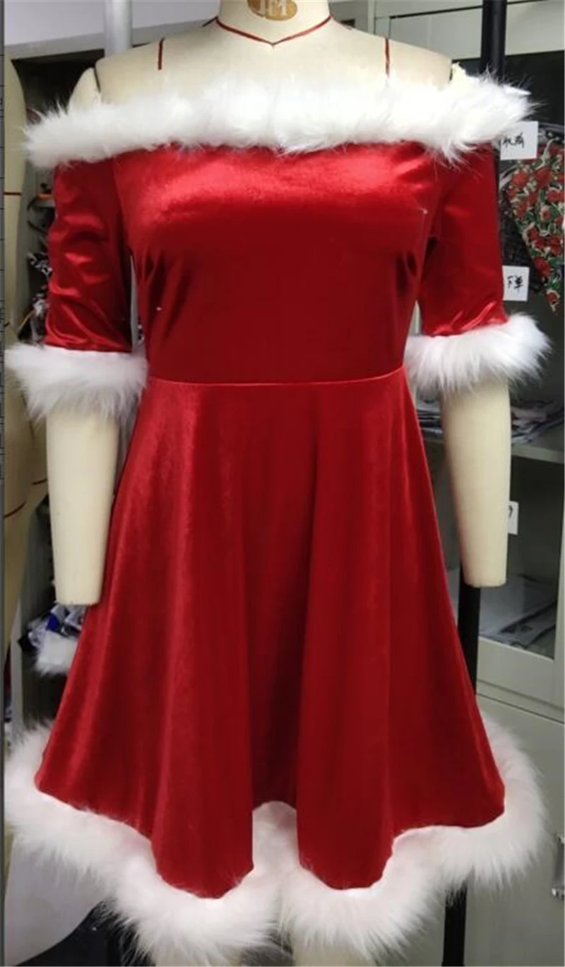 

2020 Christmas Ladies Sexy Fleece Mini Dress Short Sleeve Female High Waist Pleated Family Party Dress For Xmas