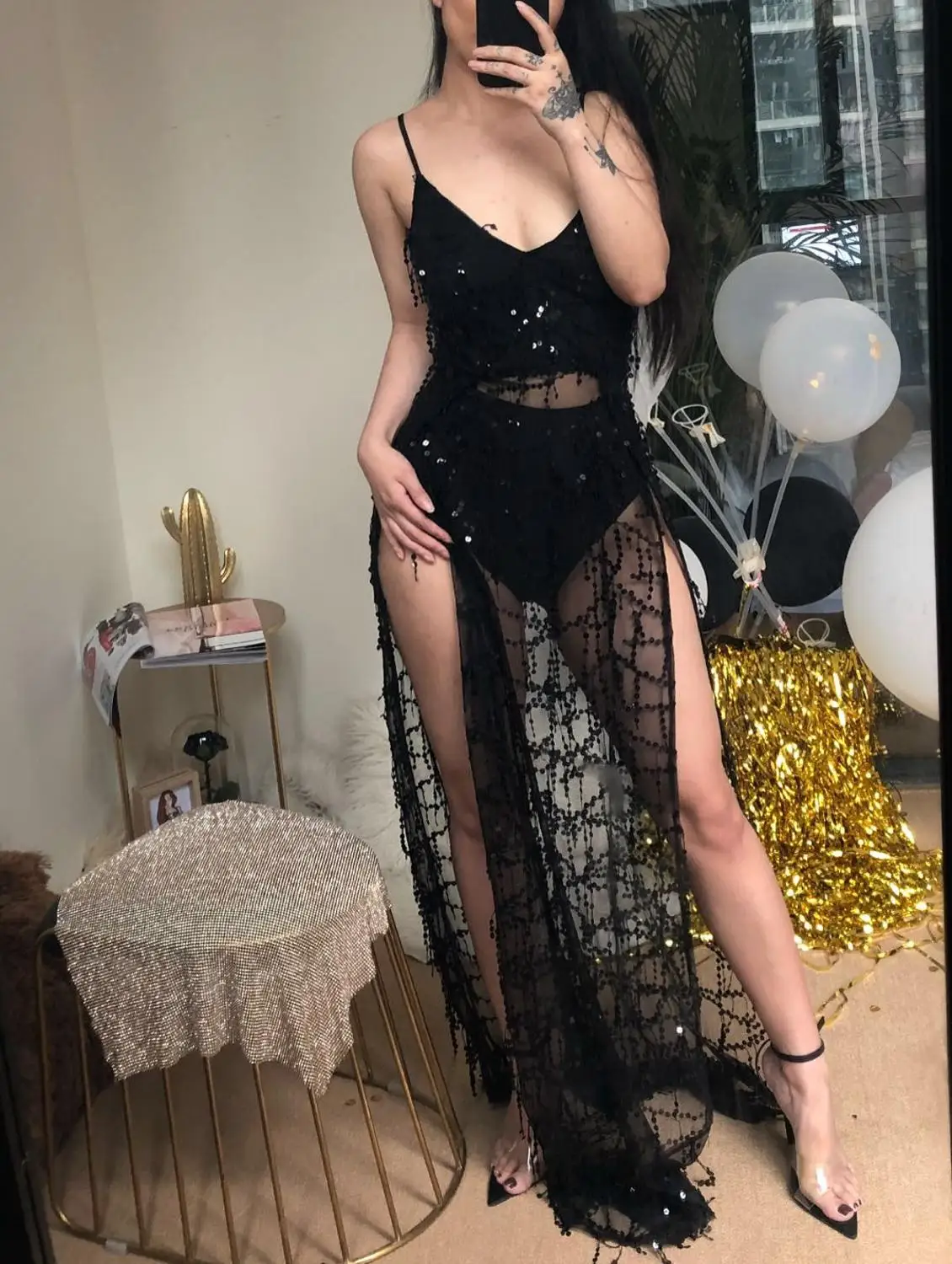 

Elegant Summer Women Backless Bling Sequin Tassels Chic Dress Lady Sexy Evening Elastic Mesh Gauze Strap Halter Slit Party Dress
