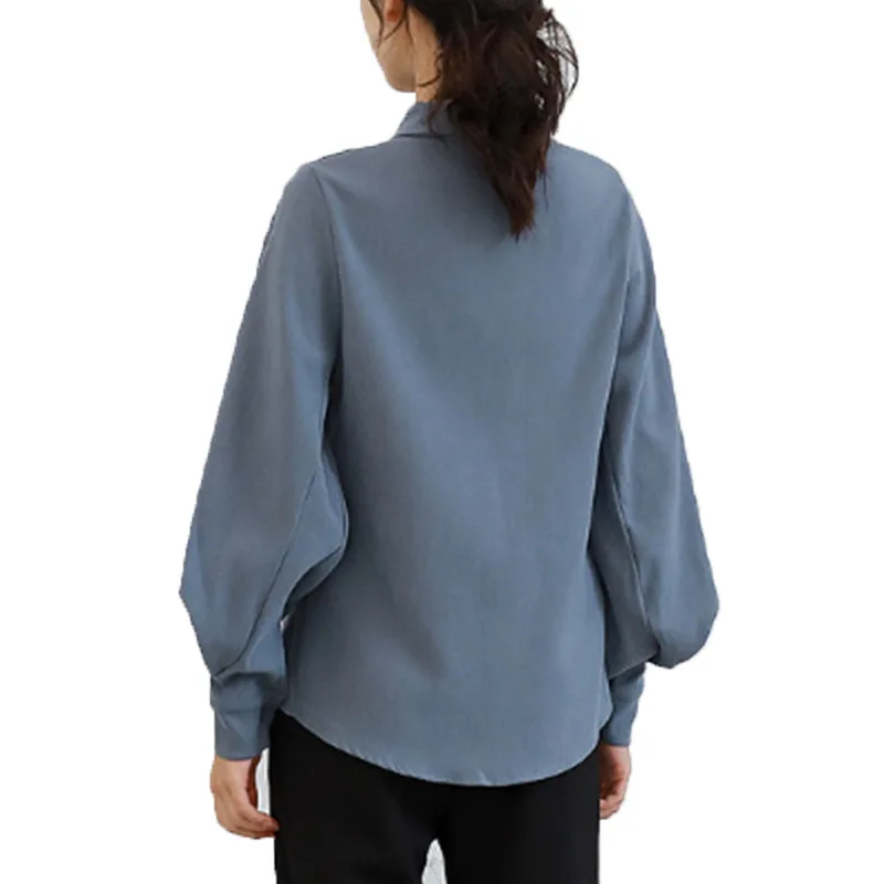 

Single Breasted Stand Collar Blouse Solid Big Lantern Sleeve Women Color Korean Style Female Tops Elegant Shirt