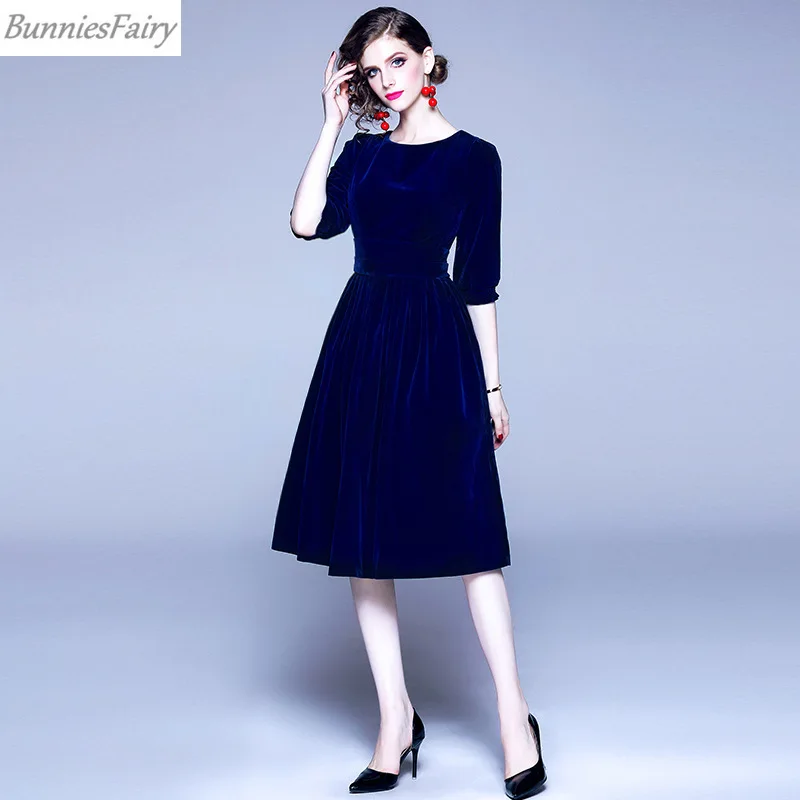 BunniesFairy осень зима женское элегантное Хепберн винтажное однотонное плотное красное темно-синее Золотое бархатное платье миди