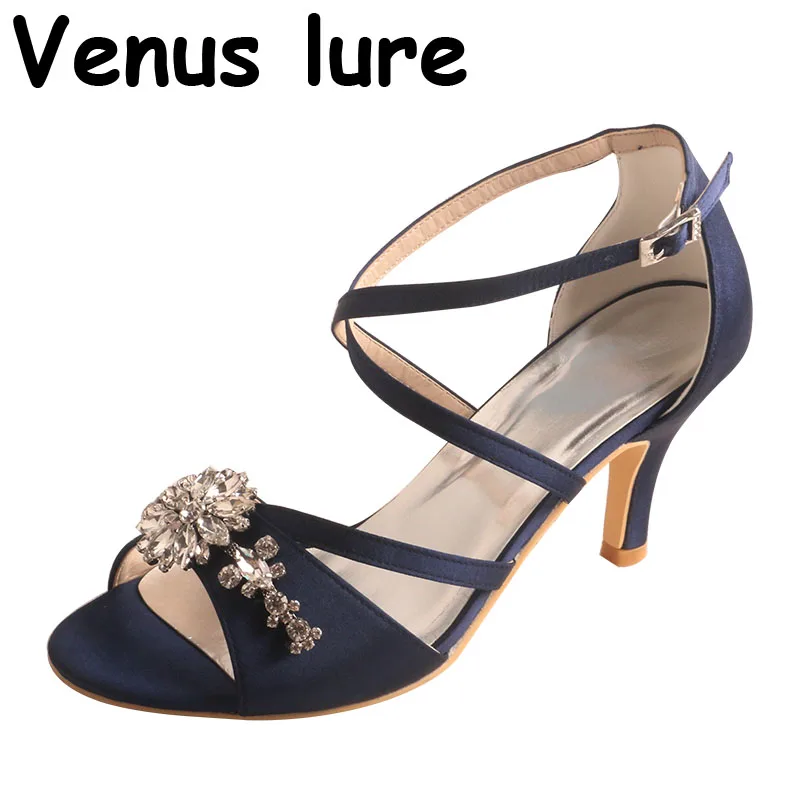 Элегантные босоножки на заказ темно-синие атласные летние женские каблуках