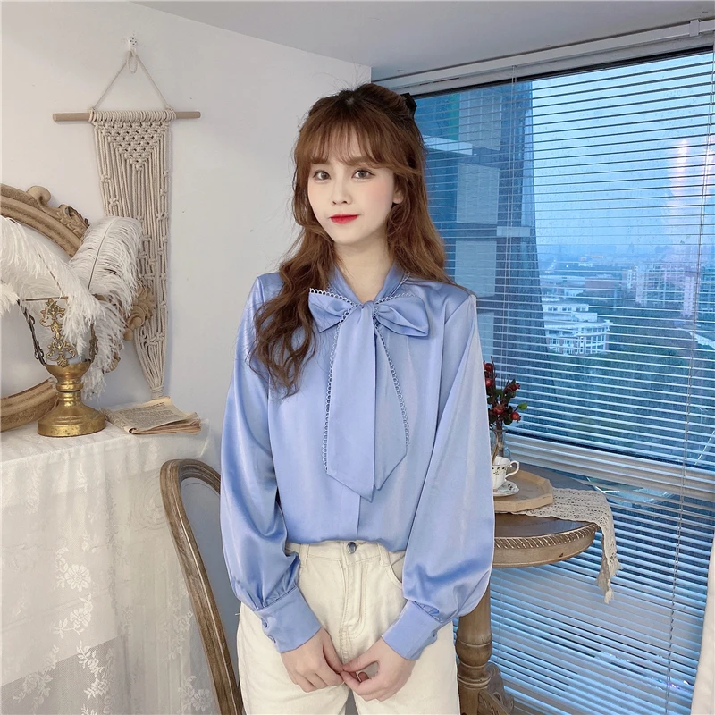 

White Bow Chiffon Blouse Women's Clothing Spring Autumn New Sweet Style Long Sleeve Ladies Tops Solid Loose Causal Shirt Hipster