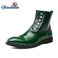 yeinshaars green men boots high tube top chelsea mens boots italian button pu leather performance men art design brogue shoes