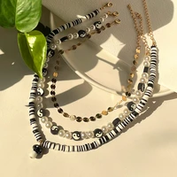 flatfoosie boho multilayer clay beads mushroom necklace for women imitation pearl yin yang beaded necklace choker trendy jewelry