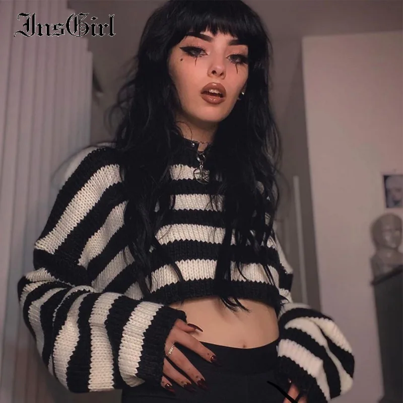 Женский винтажный Готический свитер в черно-белую полоску с длинным рукавом и