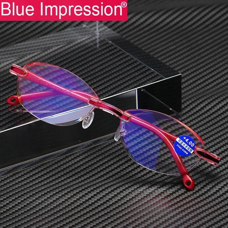 

B.I New Rimless Anti Blue Ray Reading Glasses Lady Women Diamond Cutting Oval Reading Presbyopia Glasses Female +1.0 to +4.0