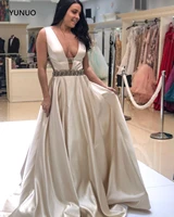 yunuo gorgeous plunge neckline prom formal dresses satin beaded a line evening gowns long special occasion dress backless