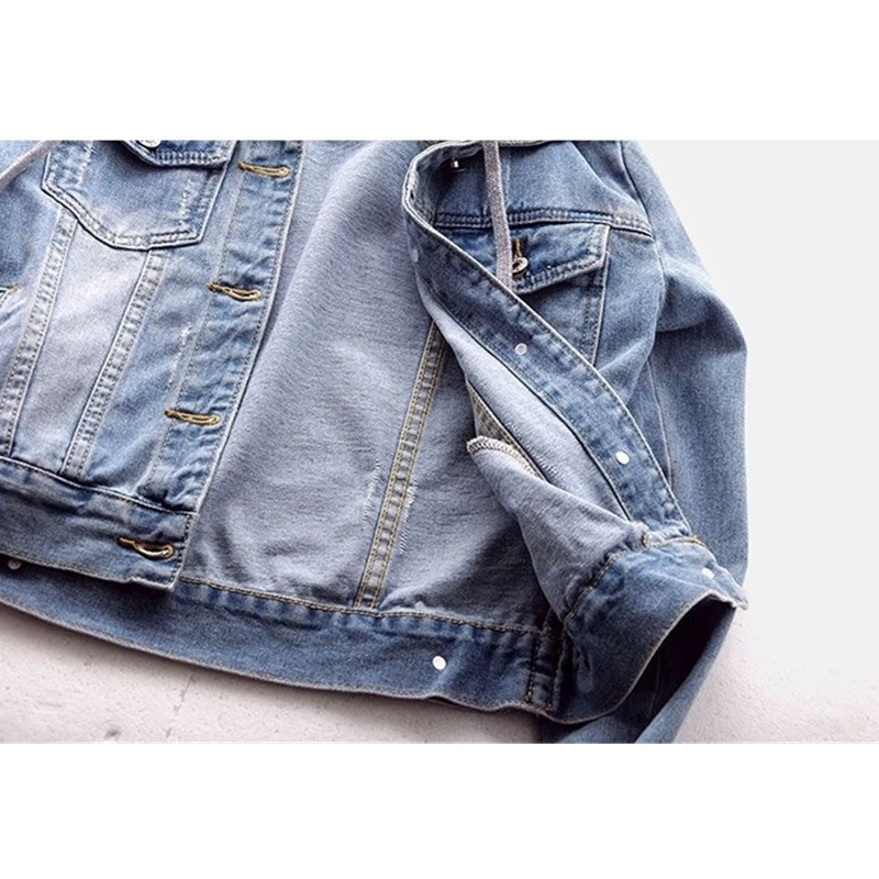 

Denim Jacket Women 2021 Short New Spring Autumn Fashion Slim Hooded Bomber Light Blue Cowboy Jackets Detachable Hat Jean Coats