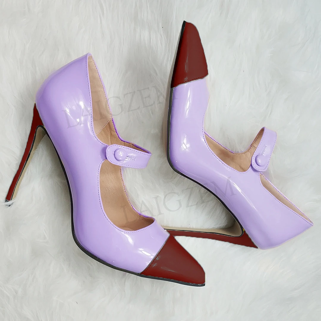 Purple-Burgundy LAIGZEM/пикантные женские туфли-лодочки разных цветов на тонком каблуке; свадебные вечерние туфли Mary Jane; Цвет фиолетовый, синий; женская обувь года; большие размеры 34-47 - Цвет: Purple-Burgundy